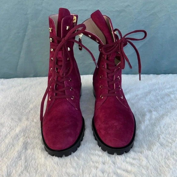 NWOT Stuart Weitzman Norrie Suede Lace Up Combat Boots US 5.5D Red Maroon Moto - Picture 1 of 8